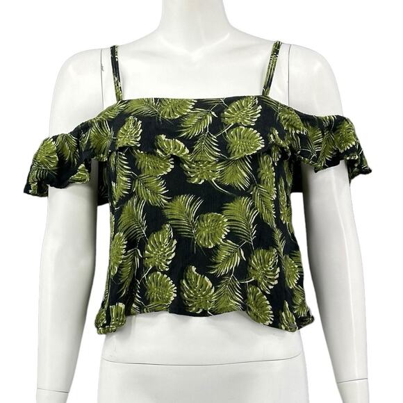 Superdry Top Womens Small Jungle Green Black Cold Shoulder Crop Tropical Beachy - Picture 1 of 6